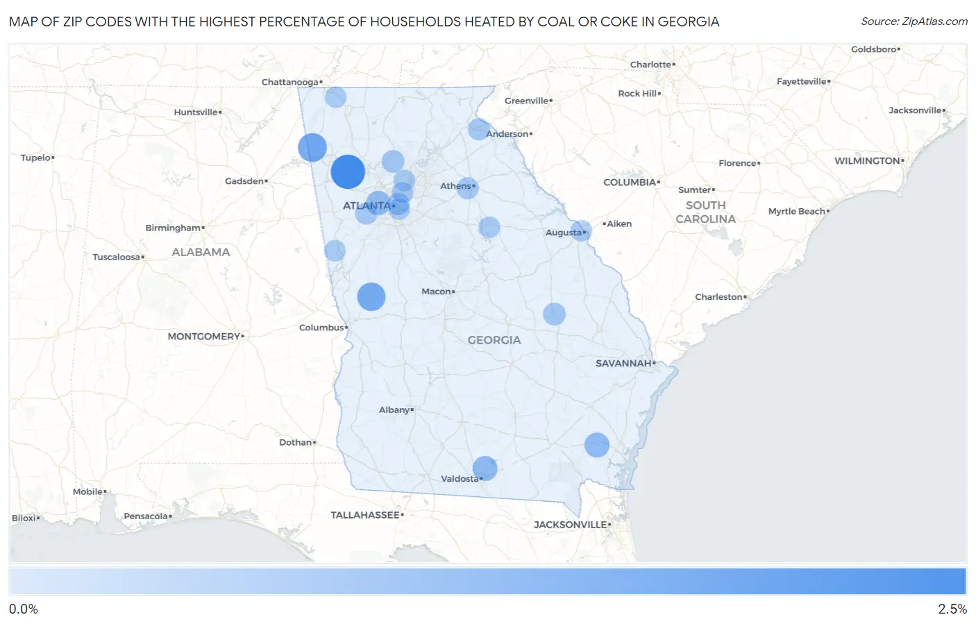 Zip Codes with the Highest Percentage of Households Heated by Coal or Coke in Georgia Map
