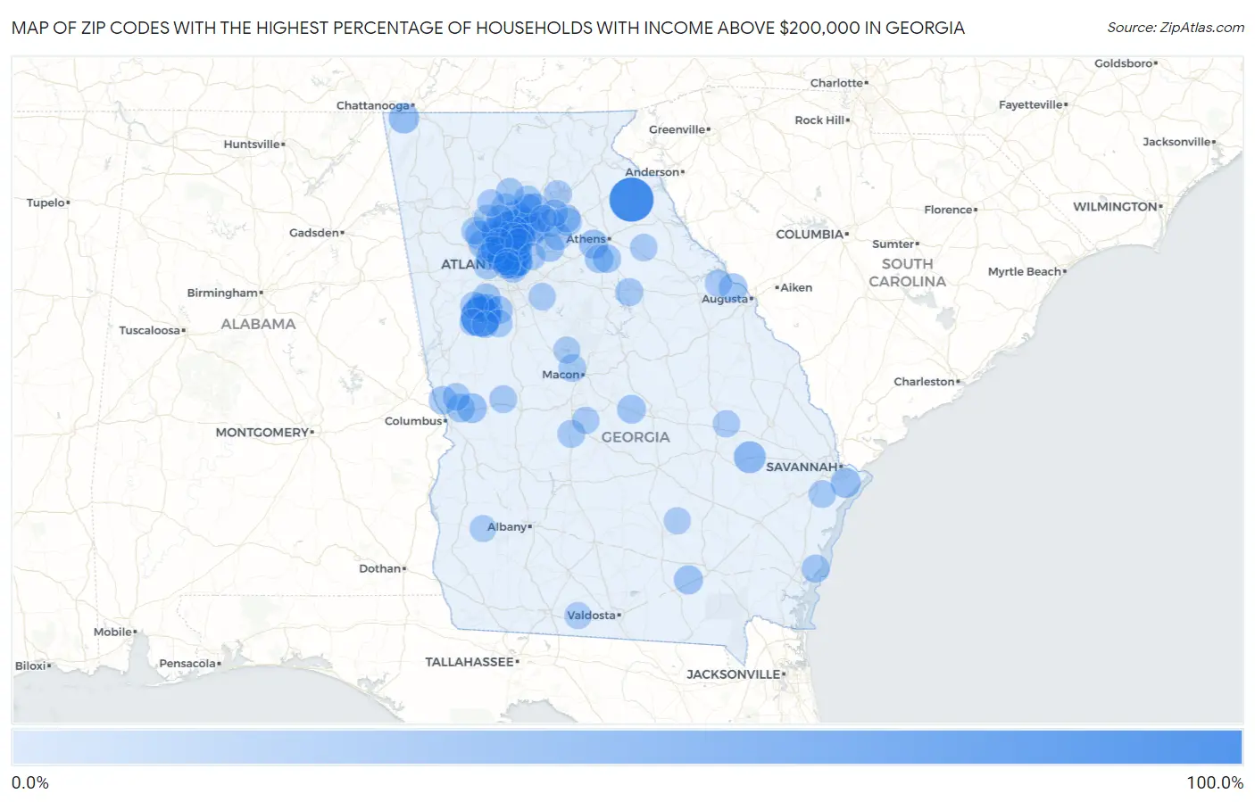 Zip Codes with the Highest Percentage of Households with Income Above $200,000 in Georgia Map