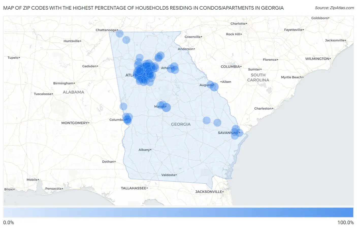 Zip Codes with the Highest Percentage of Households Residing in Condos/Apartments in Georgia Map