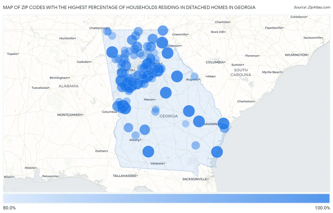 Zip Codes with the Highest Percentage of Households Residing in Detached Homes in Georgia Map