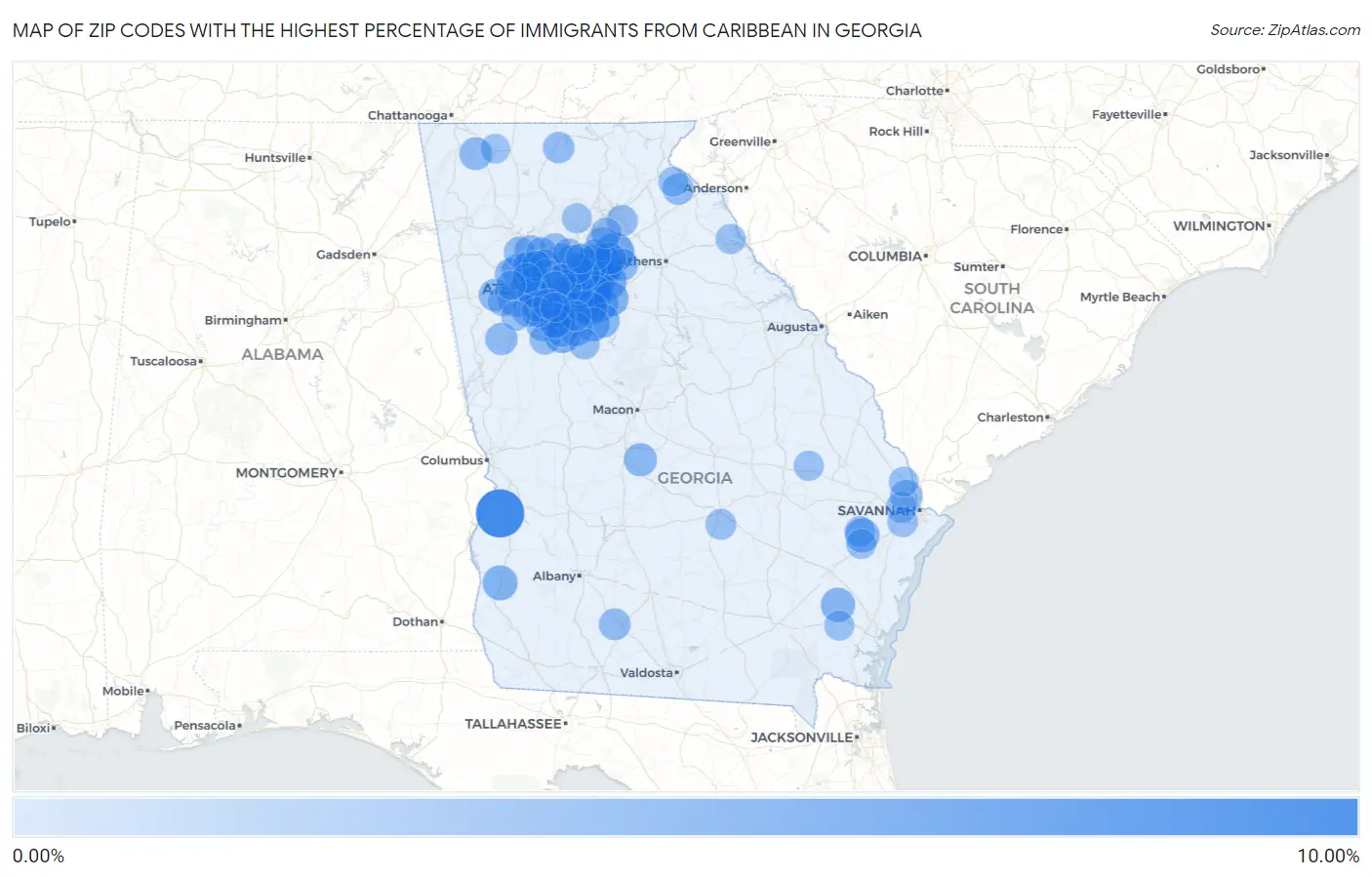 Zip Codes with the Highest Percentage of Immigrants from Caribbean in Georgia Map