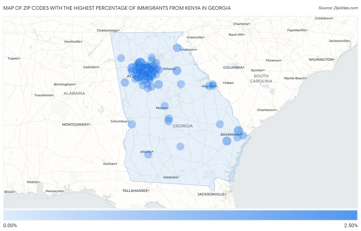 Zip Codes with the Highest Percentage of Immigrants from Kenya in Georgia Map