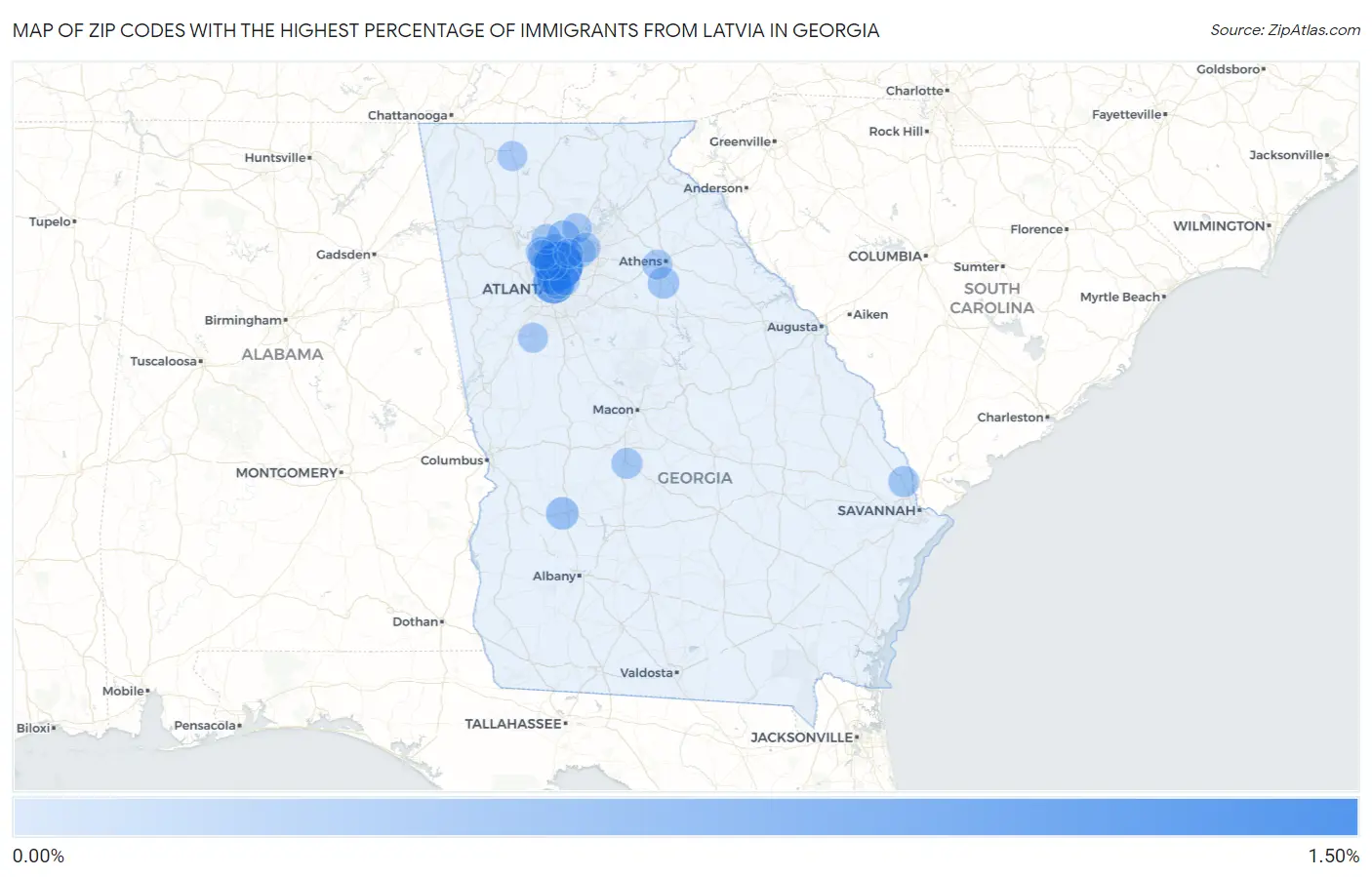 Zip Codes with the Highest Percentage of Immigrants from Latvia in Georgia Map