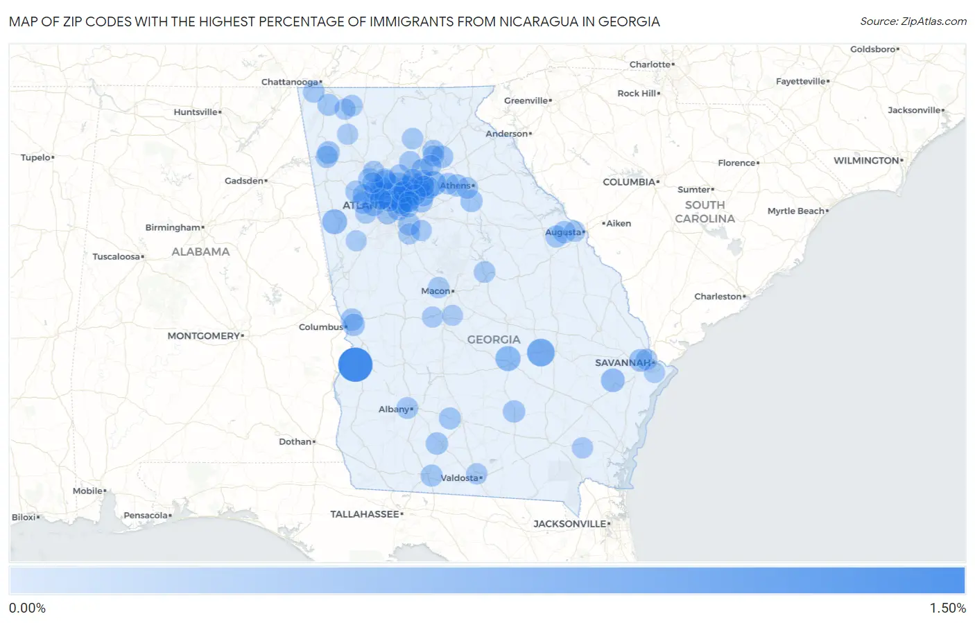 Zip Codes with the Highest Percentage of Immigrants from Nicaragua in Georgia Map