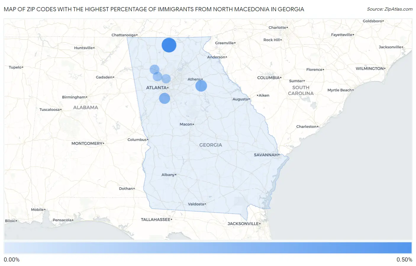 Zip Codes with the Highest Percentage of Immigrants from North Macedonia in Georgia Map