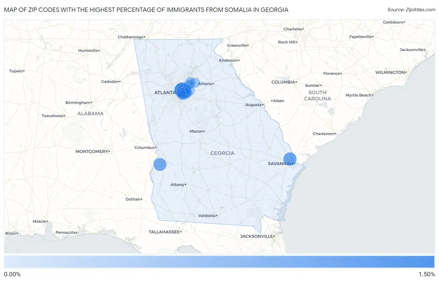 Zip Codes with the Highest Percentage of Immigrants from Somalia in Georgia Map