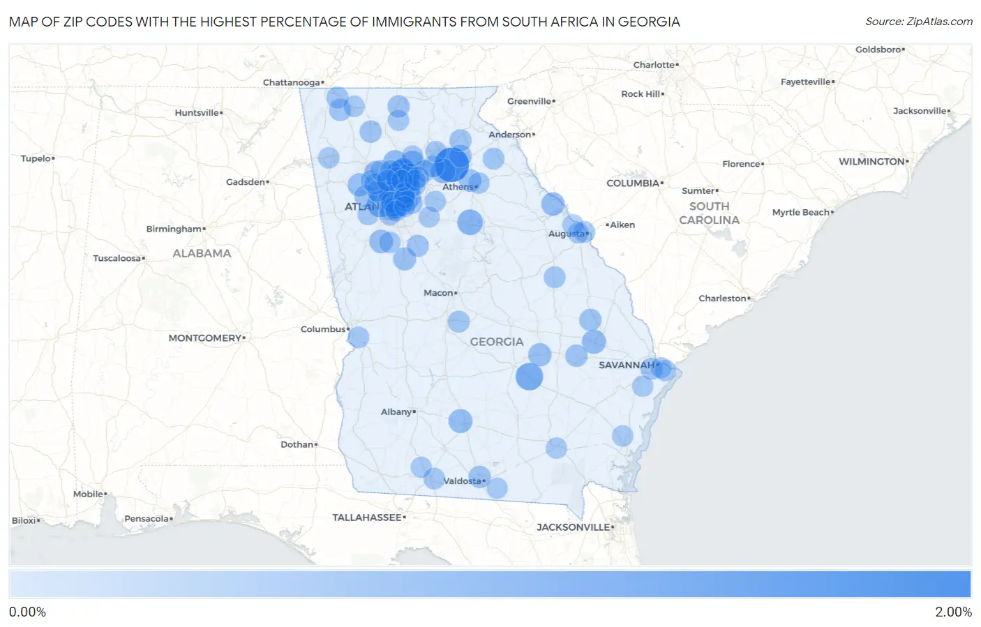 Zip Codes with the Highest Percentage of Immigrants from South Africa in Georgia Map