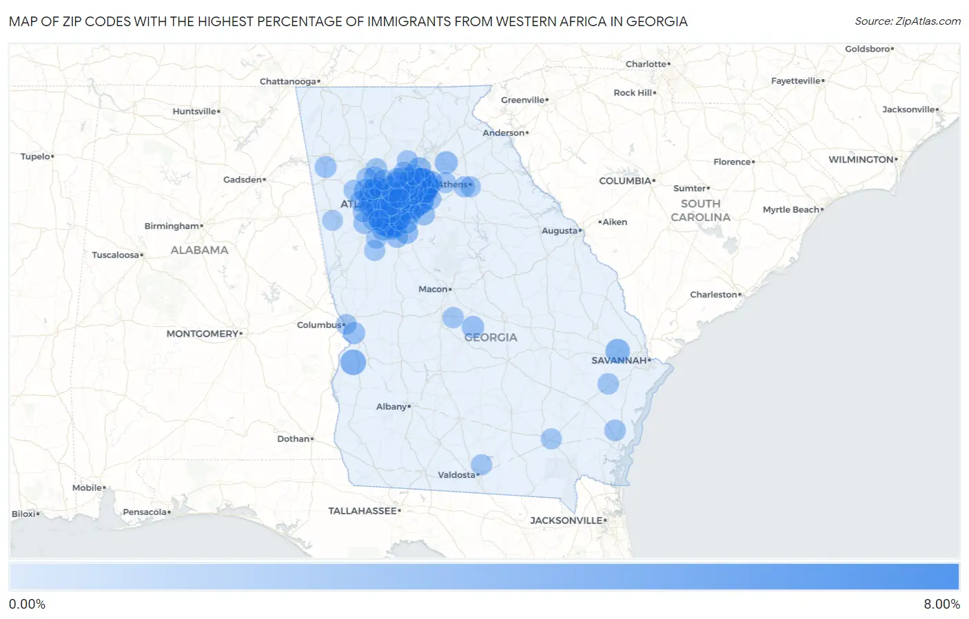 Zip Codes with the Highest Percentage of Immigrants from Western Africa in Georgia Map