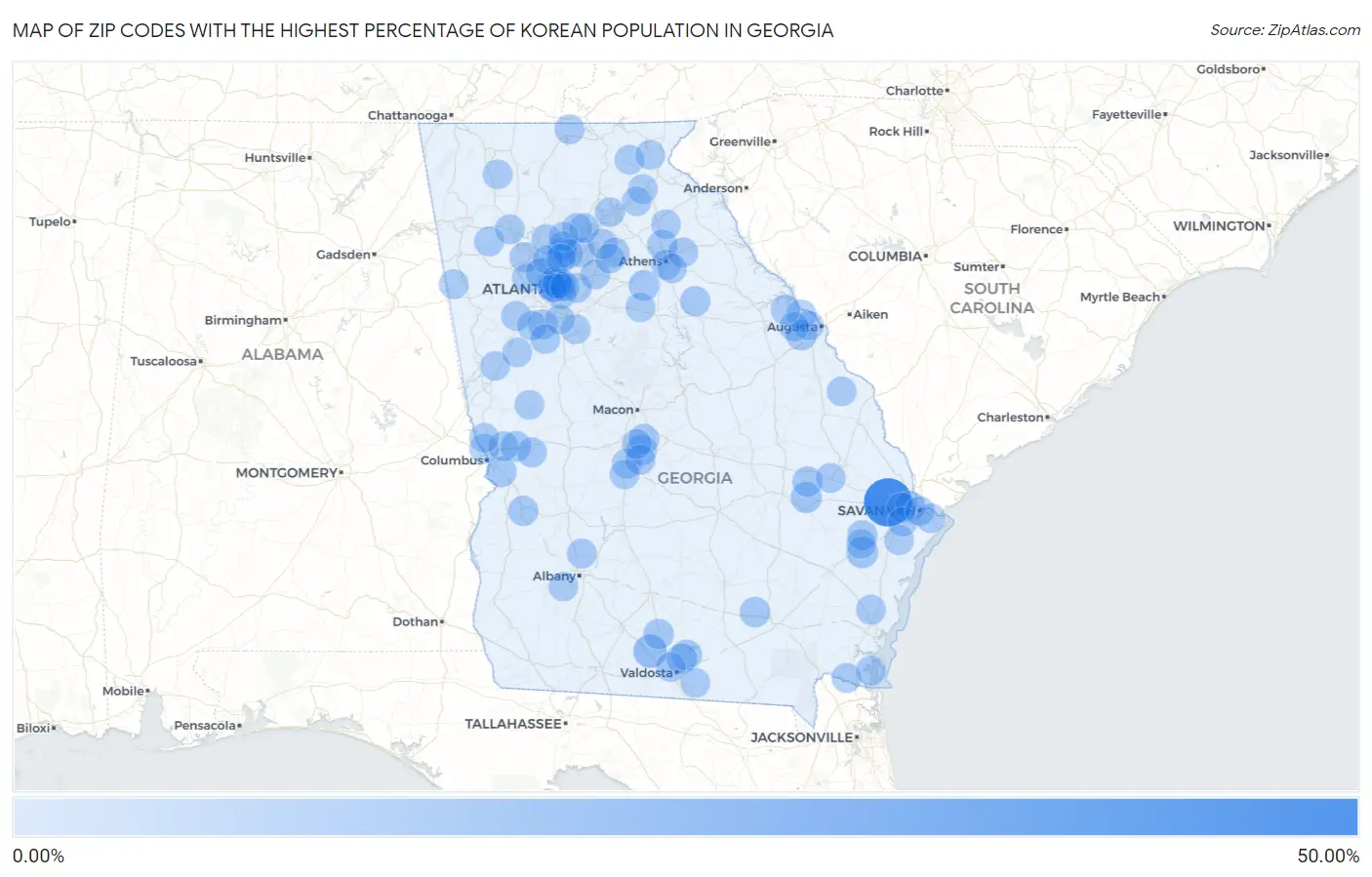 Zip Codes with the Highest Percentage of Korean Population in Georgia Map