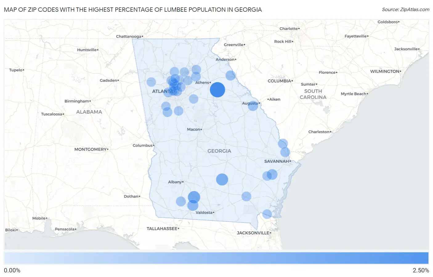 Zip Codes with the Highest Percentage of Lumbee Population in Georgia Map