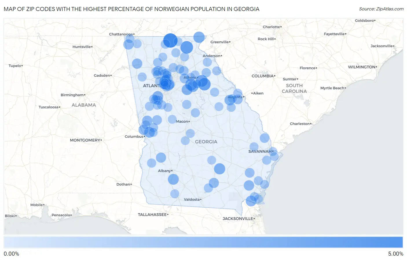 Zip Codes with the Highest Percentage of Norwegian Population in Georgia Map