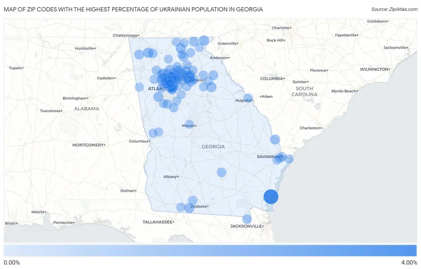 Zip Codes with the Highest Percentage of Ukrainian Population in Georgia Map