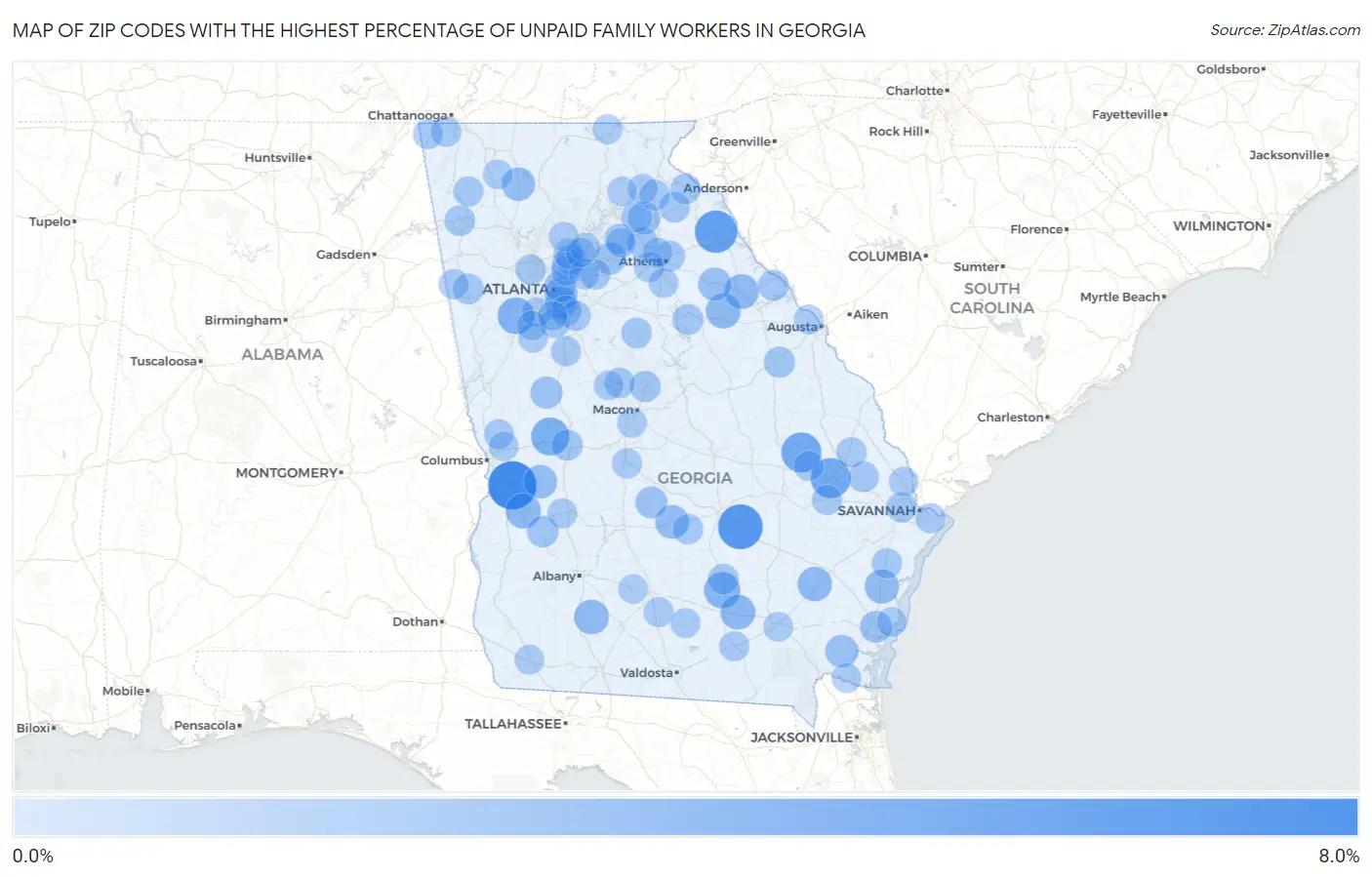 Zip Codes with the Highest Percentage of Unpaid Family Workers in Georgia Map