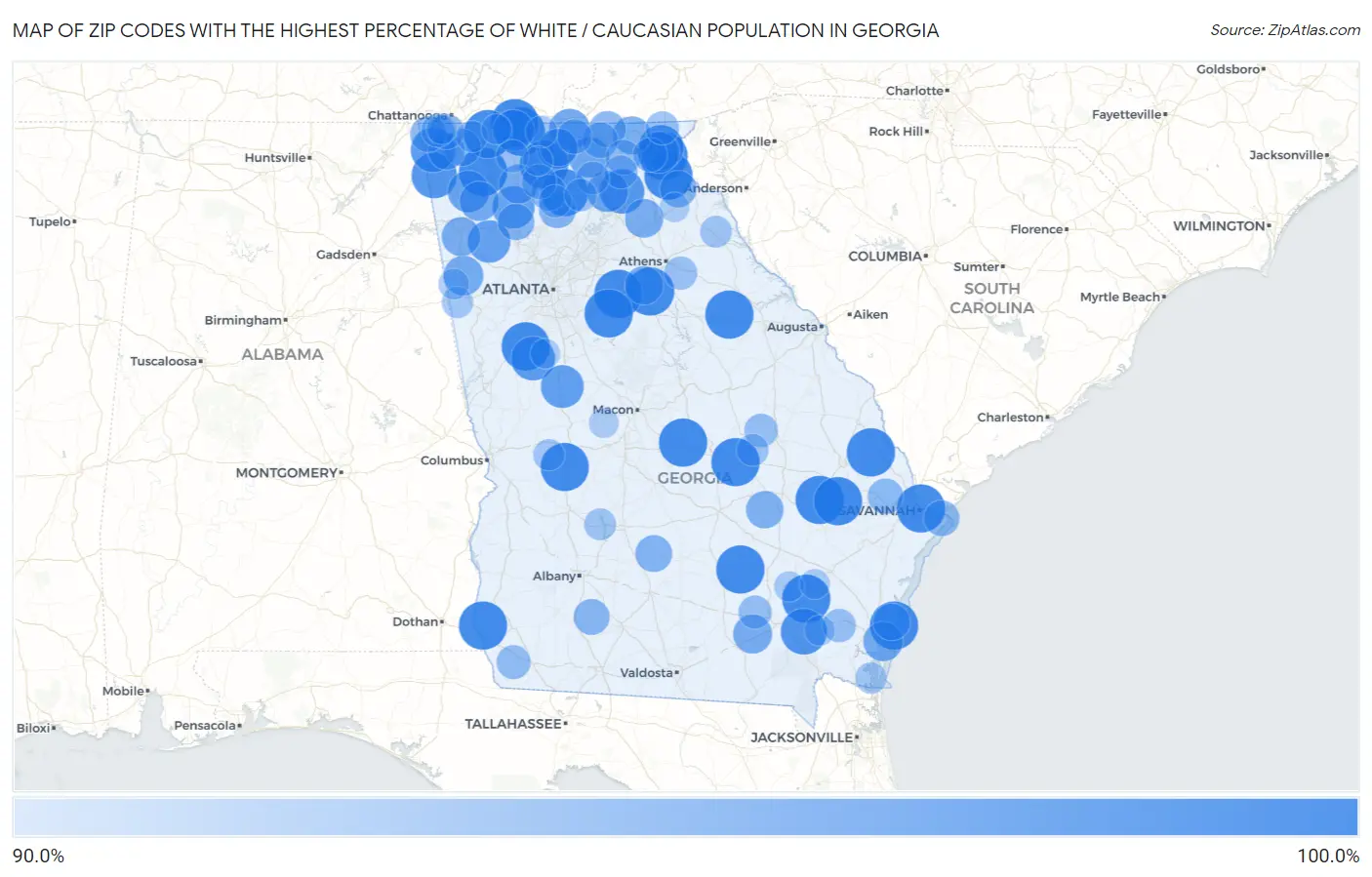 Zip Codes with the Highest Percentage of White / Caucasian Population in Georgia Map