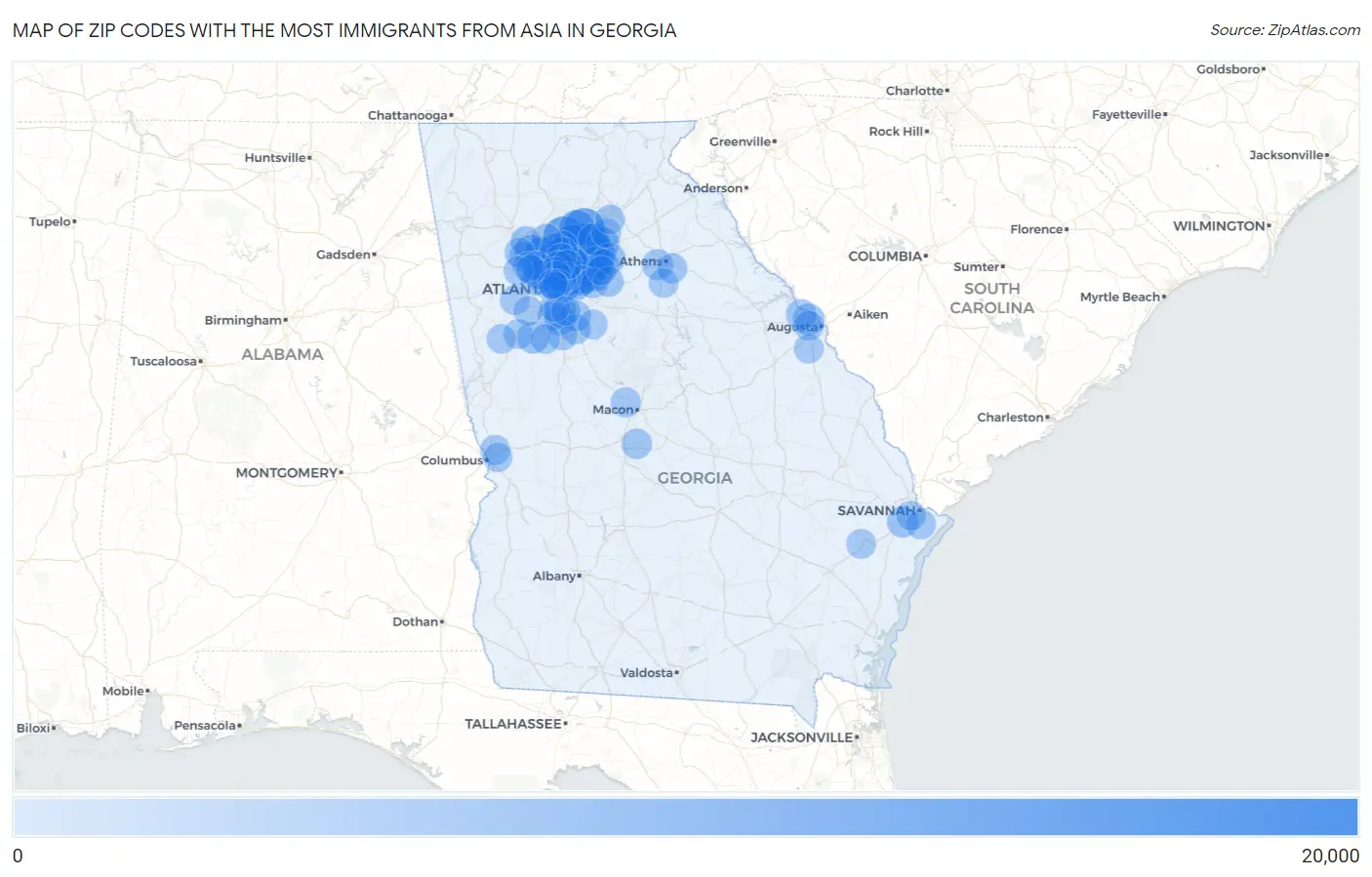 Zip Codes with the Most Immigrants from Asia in Georgia Map