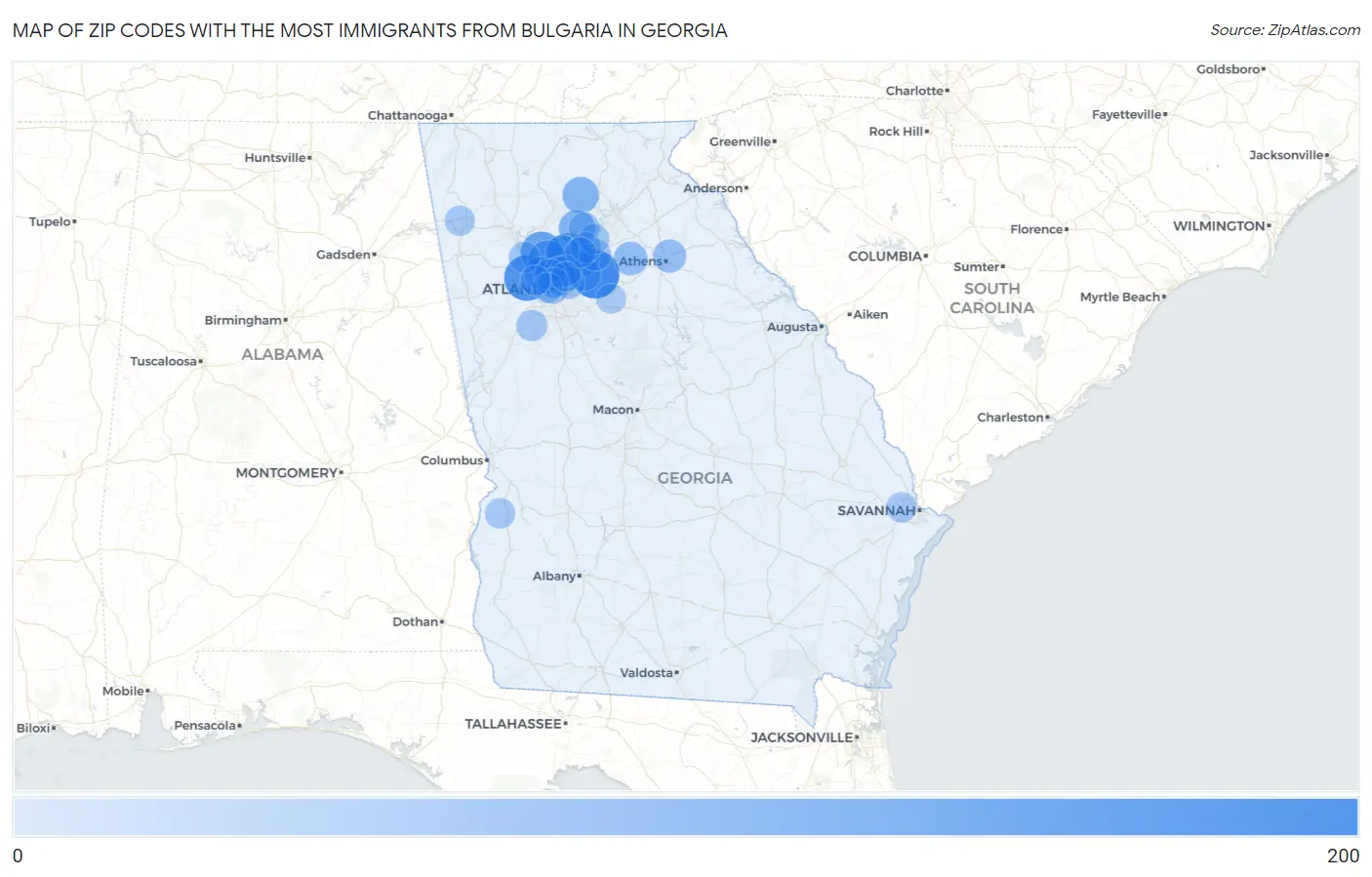 Zip Codes with the Most Immigrants from Bulgaria in Georgia Map