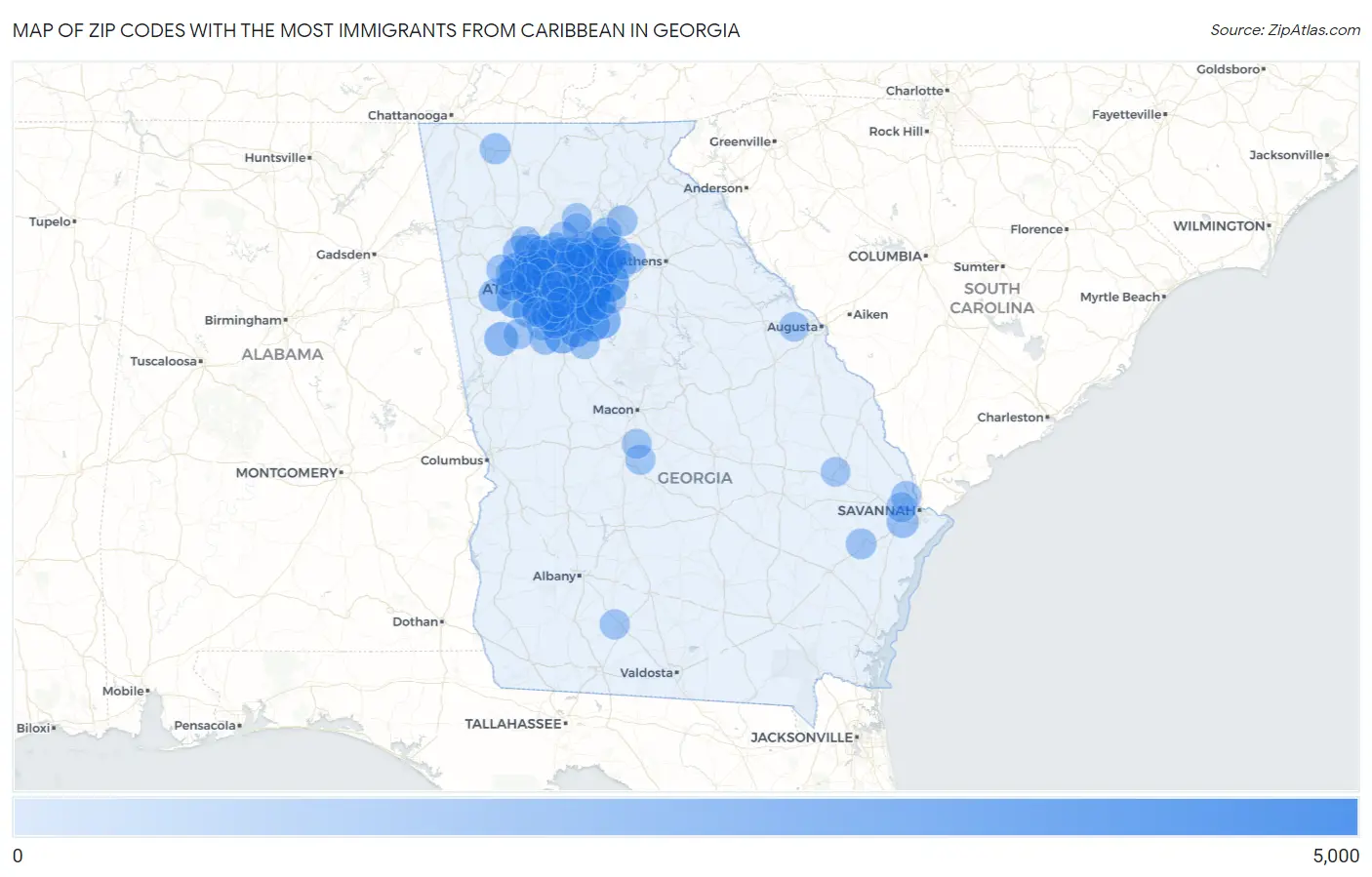 Zip Codes with the Most Immigrants from Caribbean in Georgia Map