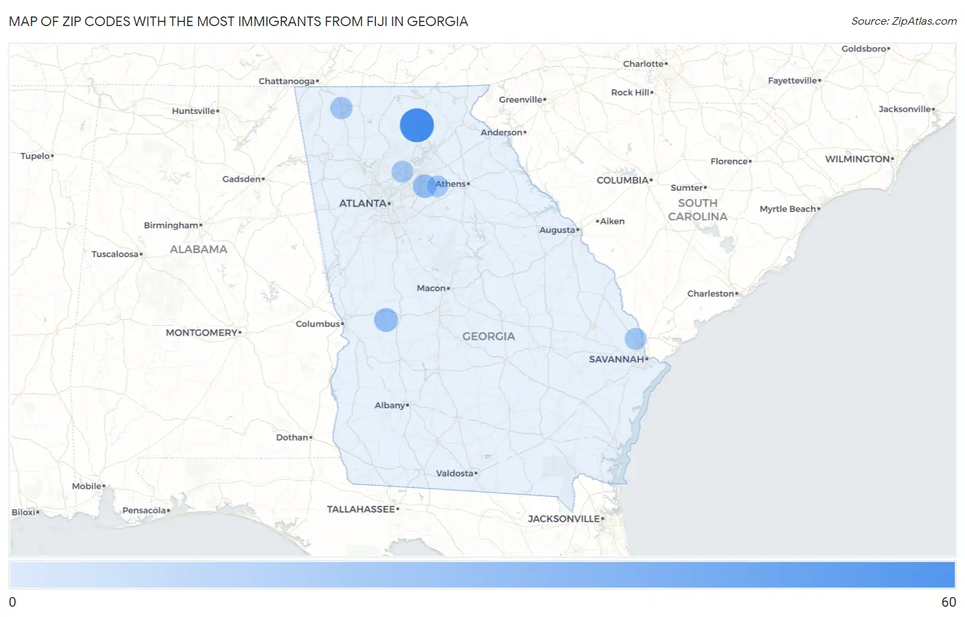 Zip Codes with the Most Immigrants from Fiji in Georgia Map
