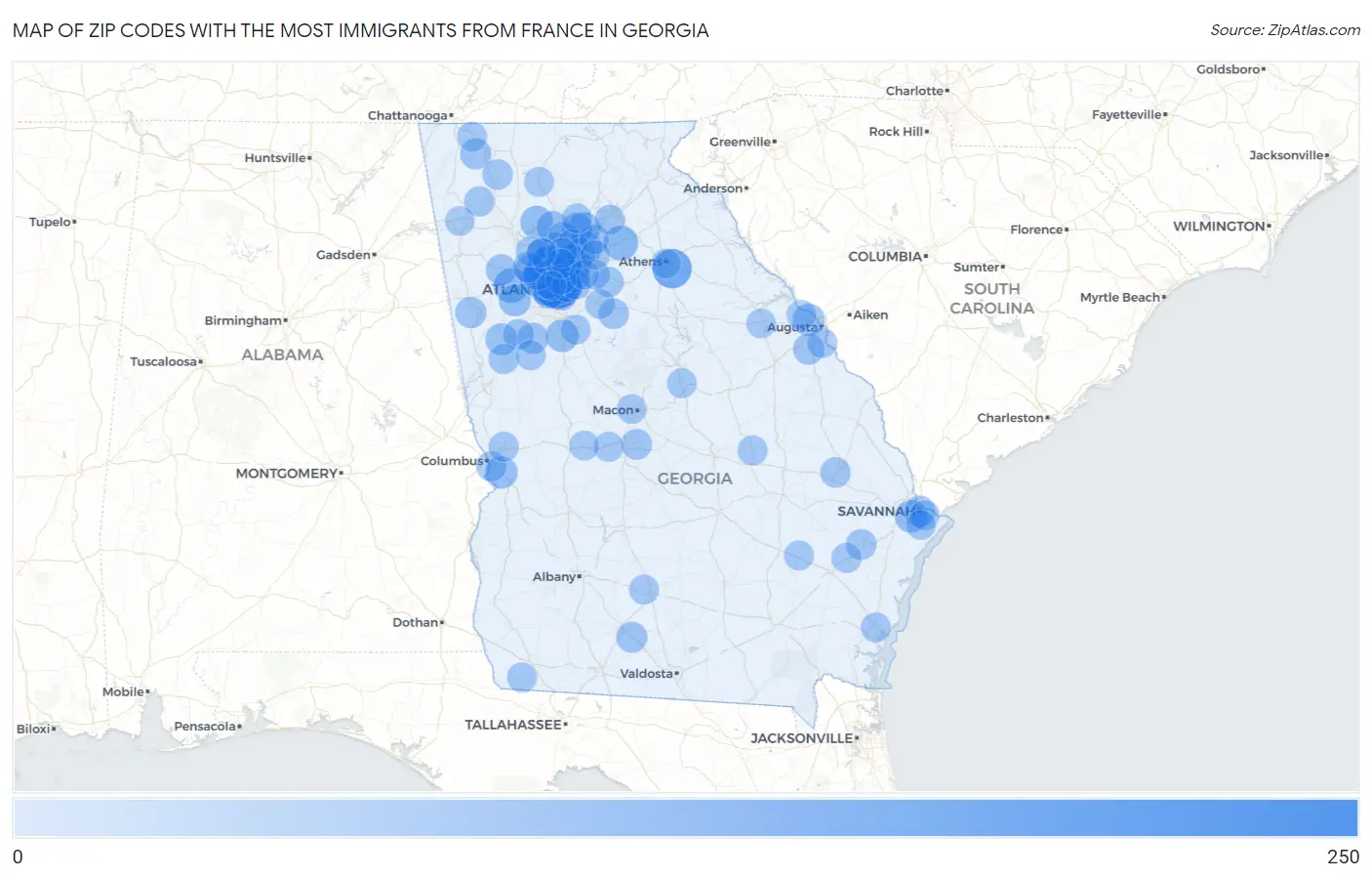 Zip Codes with the Most Immigrants from France in Georgia Map