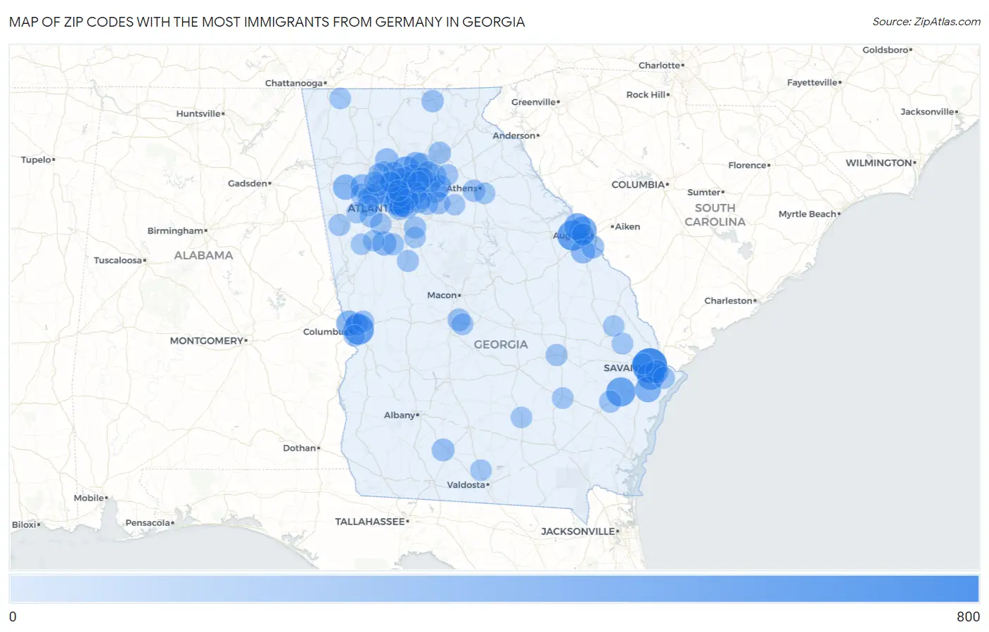 Zip Codes with the Most Immigrants from Germany in Georgia Map