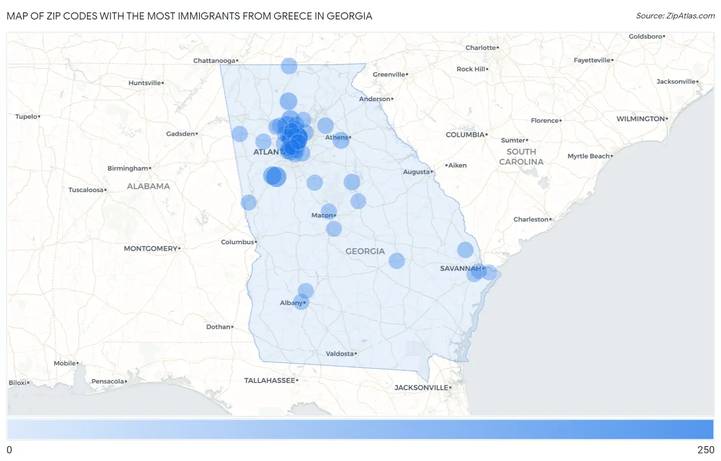 Zip Codes with the Most Immigrants from Greece in Georgia Map