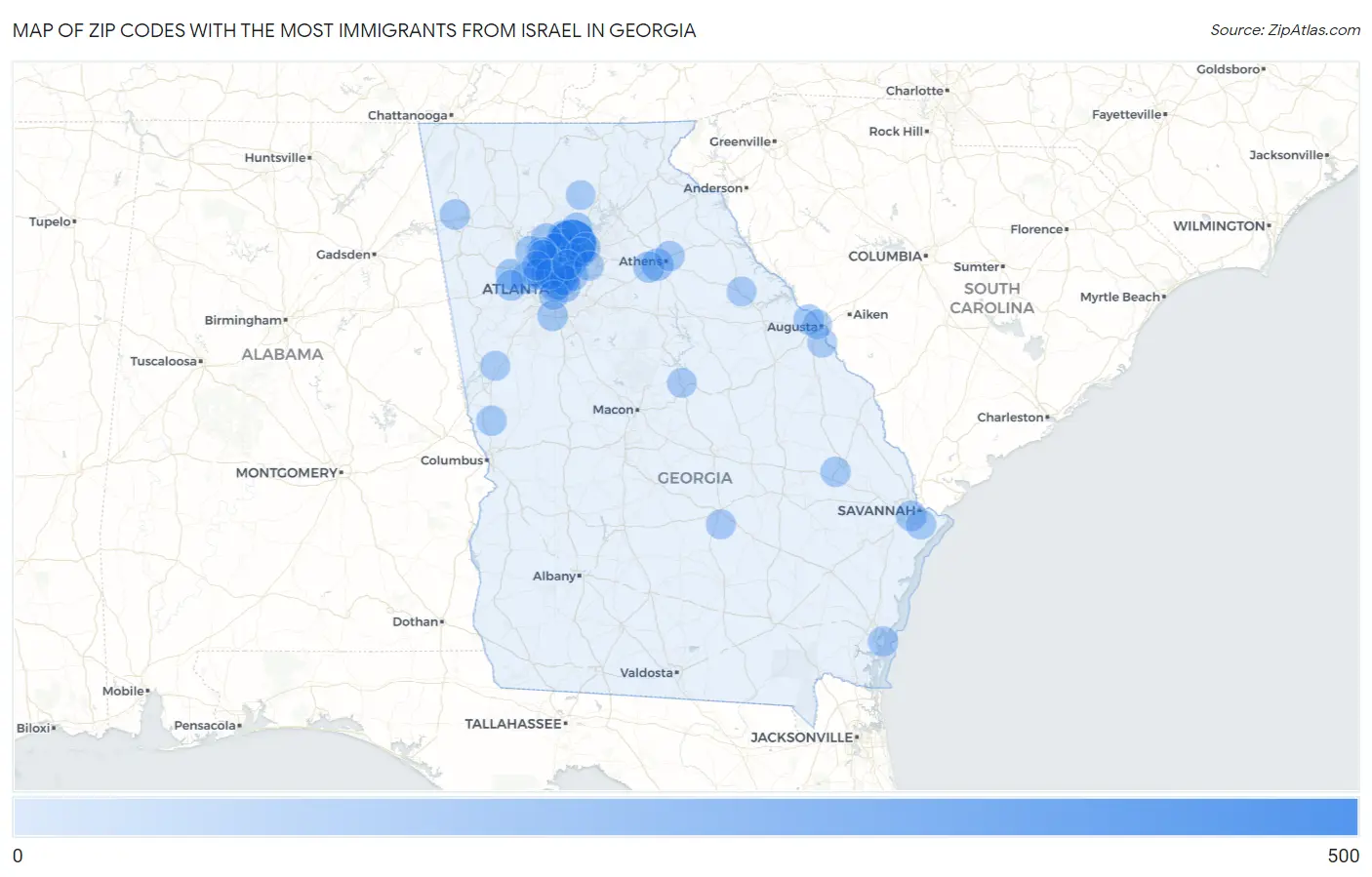 Zip Codes with the Most Immigrants from Israel in Georgia Map