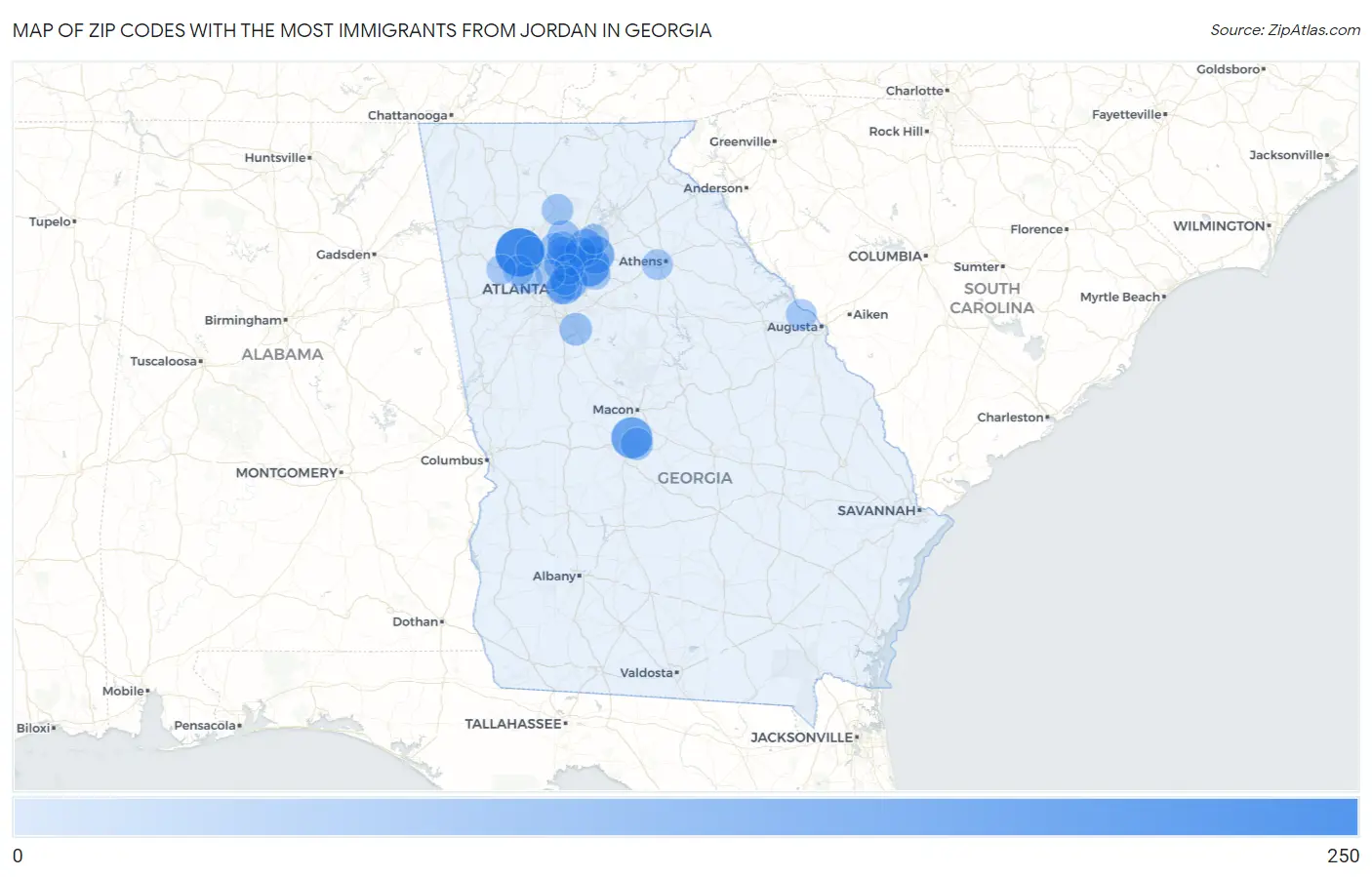 Zip Codes with the Most Immigrants from Jordan in Georgia Map