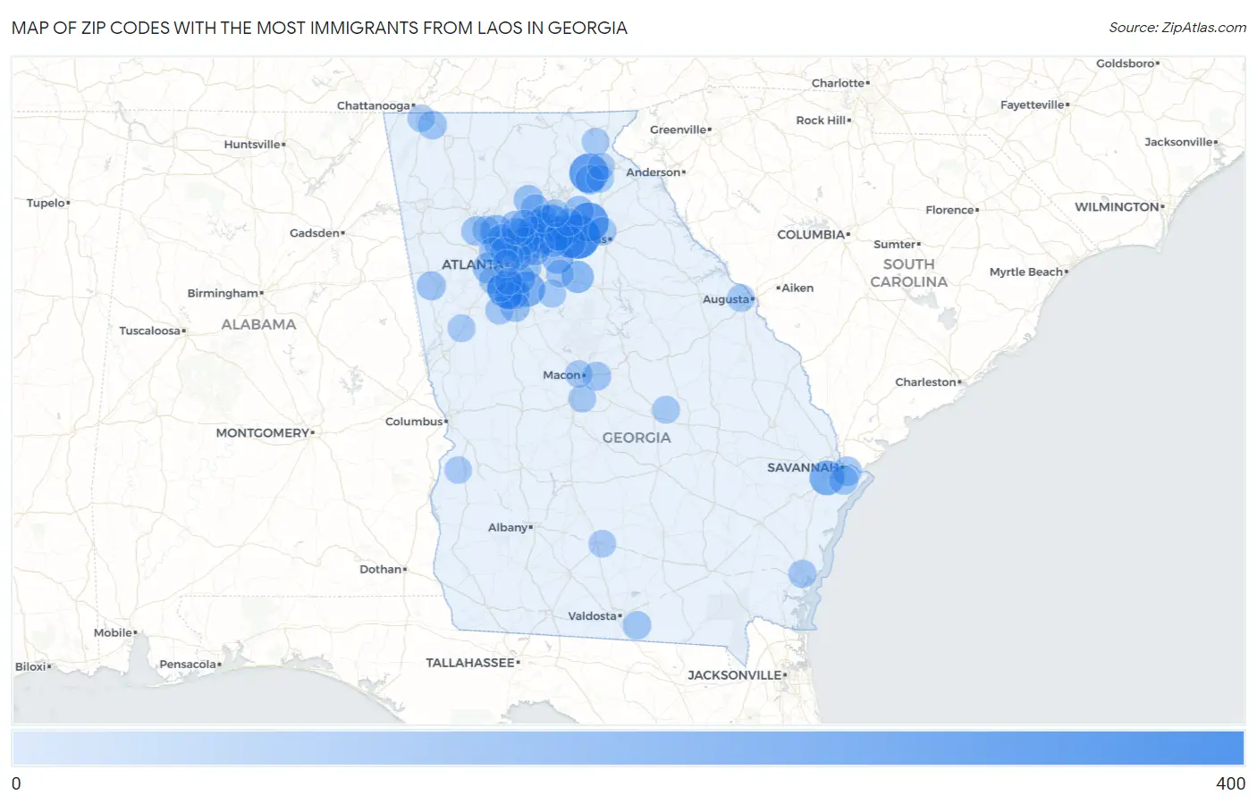 Zip Codes with the Most Immigrants from Laos in Georgia Map