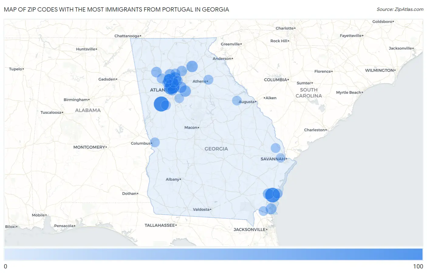 Zip Codes with the Most Immigrants from Portugal in Georgia Map