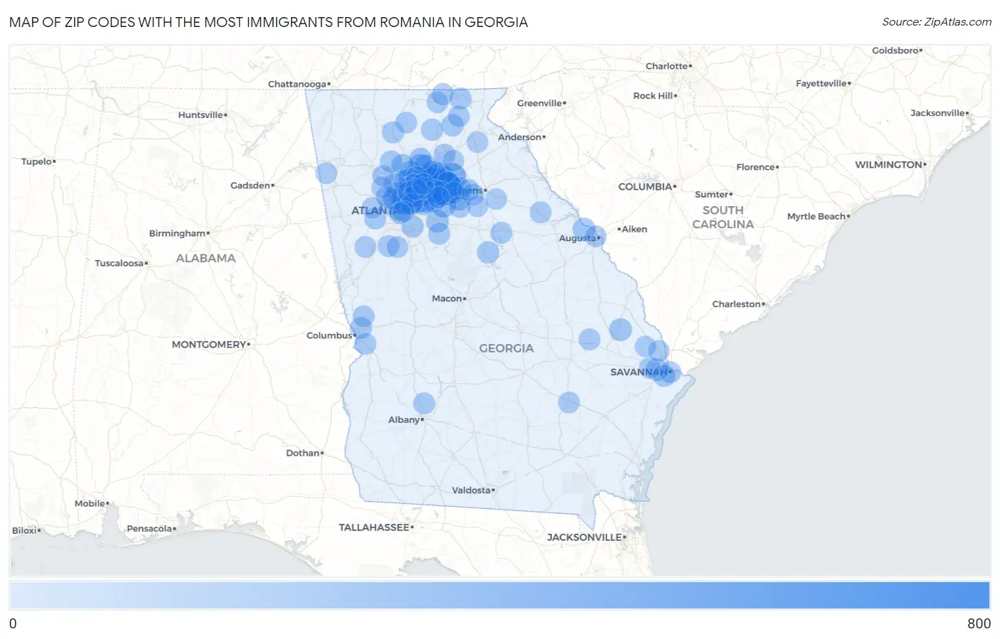 Zip Codes with the Most Immigrants from Romania in Georgia Map