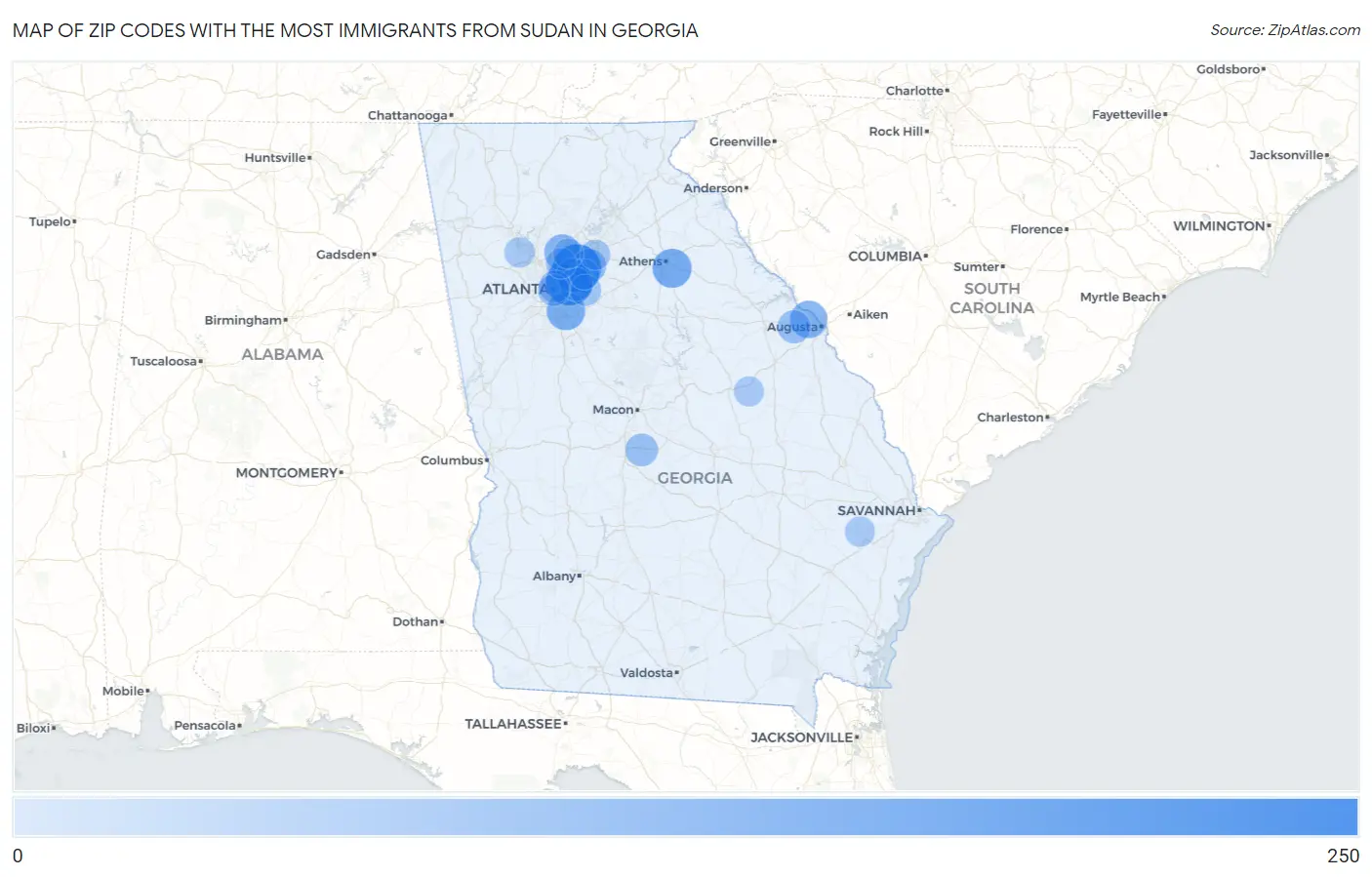 Zip Codes with the Most Immigrants from Sudan in Georgia Map