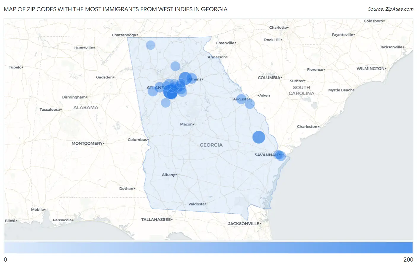 Zip Codes with the Most Immigrants from West Indies in Georgia Map
