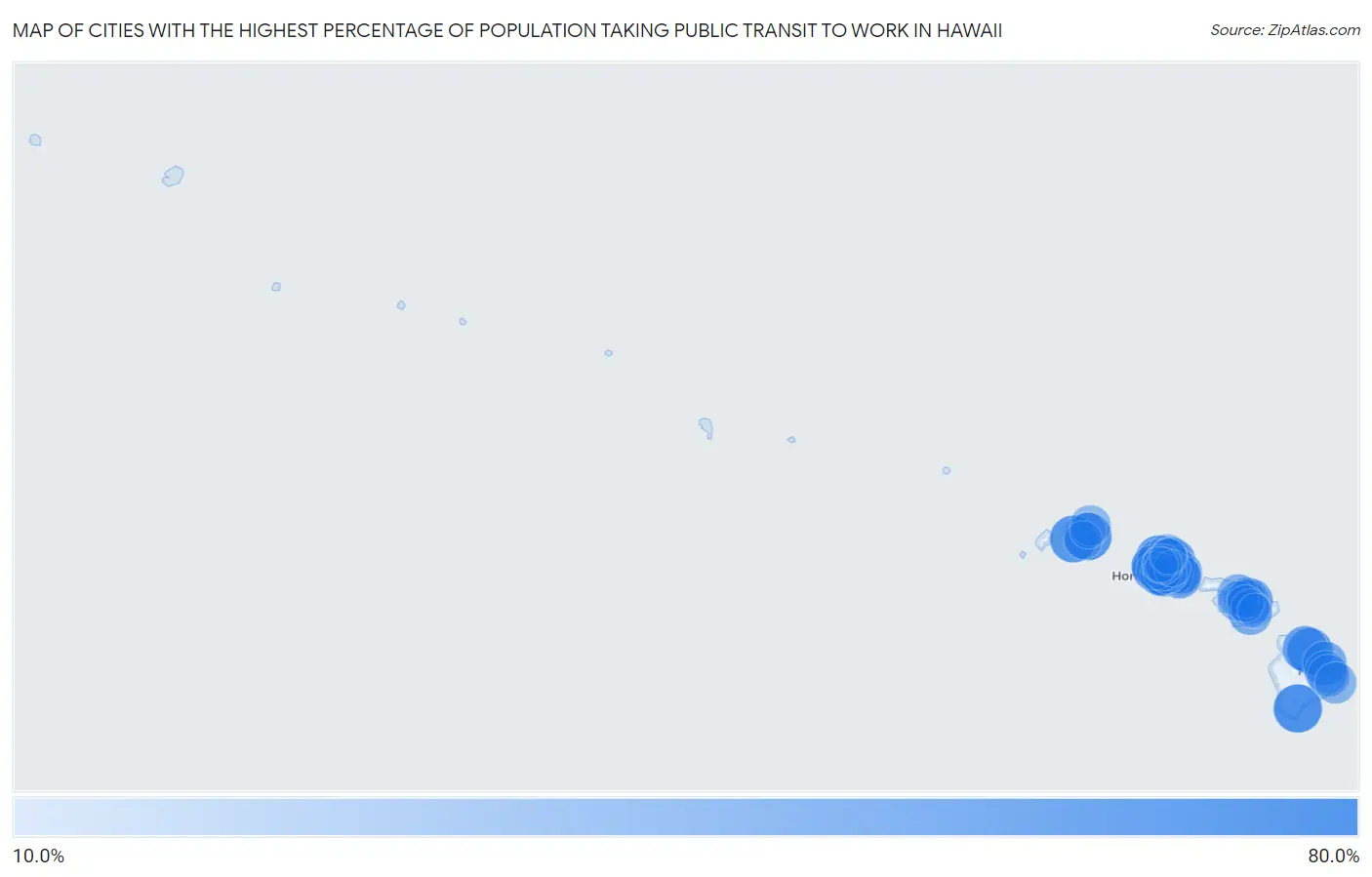 Cities with the Highest Percentage of Population Taking Public Transit to Work in Hawaii Map