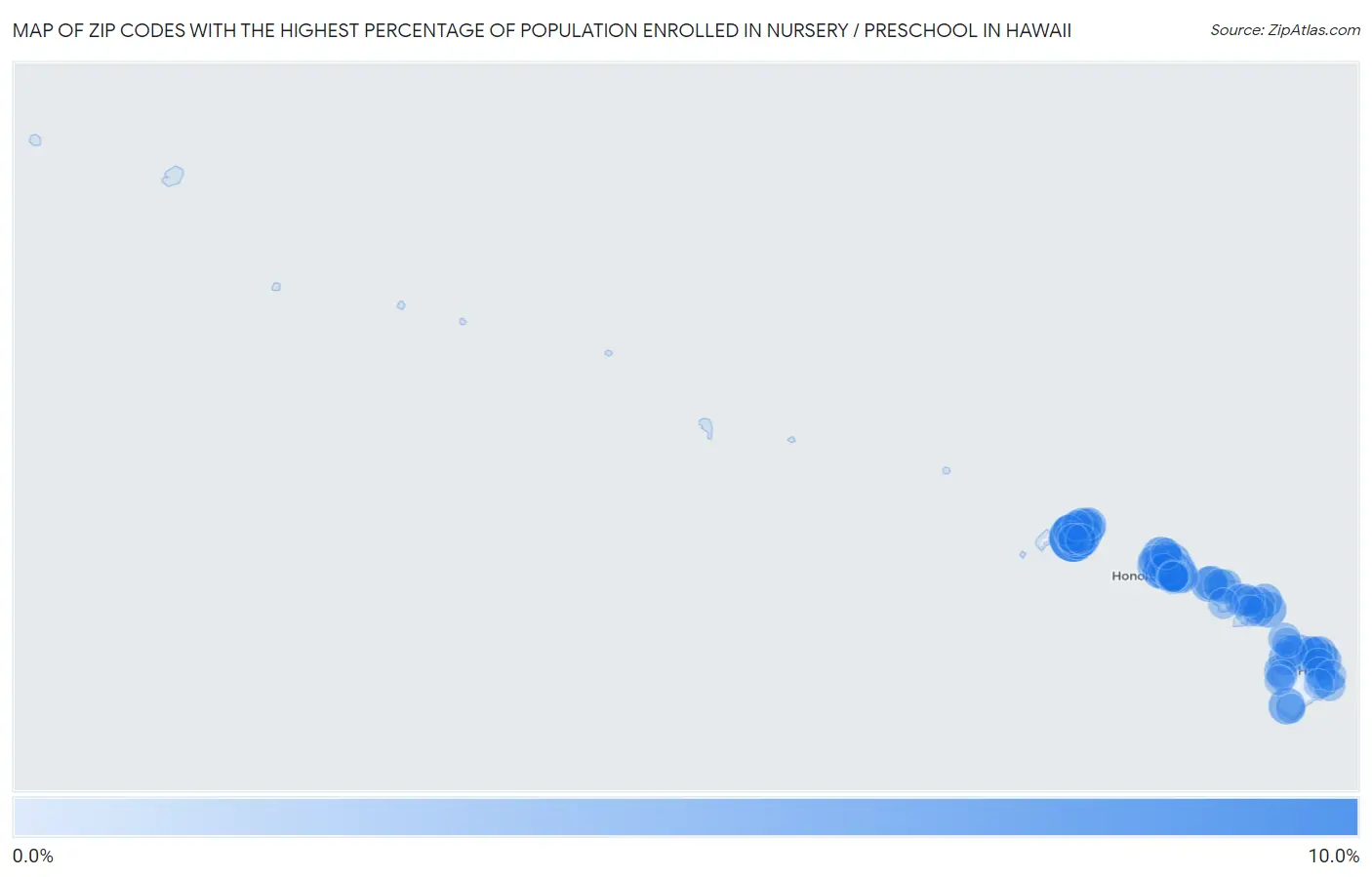 Zip Codes with the Highest Percentage of Population Enrolled in Nursery / Preschool in Hawaii Map