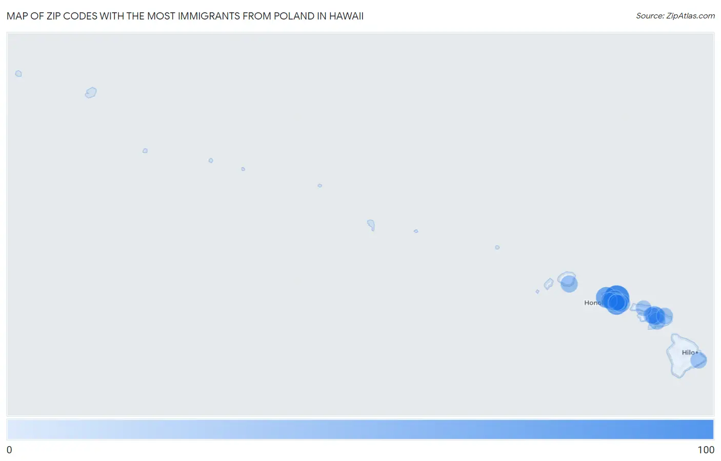 Zip Codes with the Most Immigrants from Poland in Hawaii Map