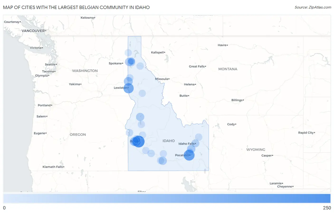 Cities with the Largest Belgian Community in Idaho Map