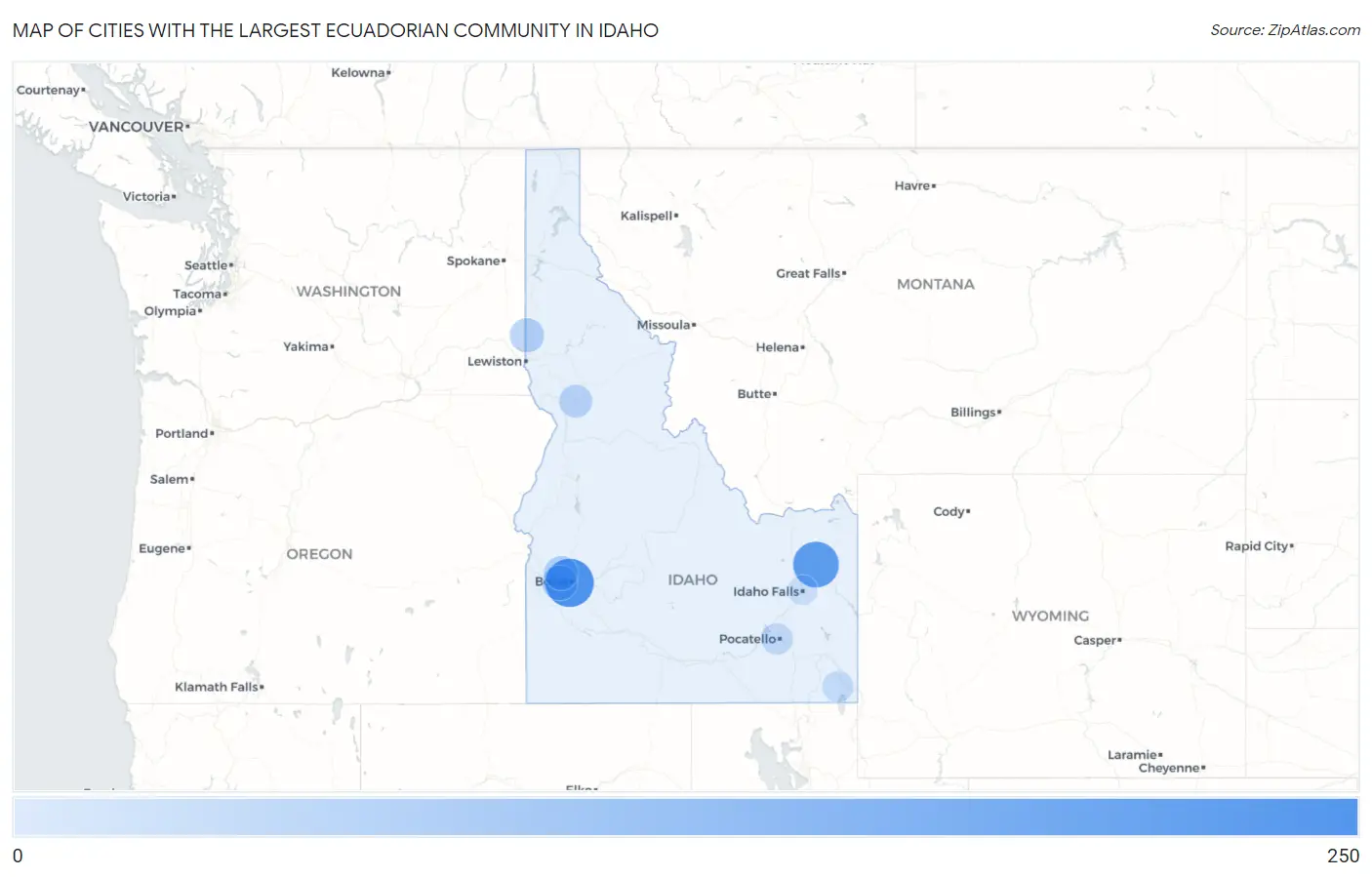 Cities with the Largest Ecuadorian Community in Idaho Map