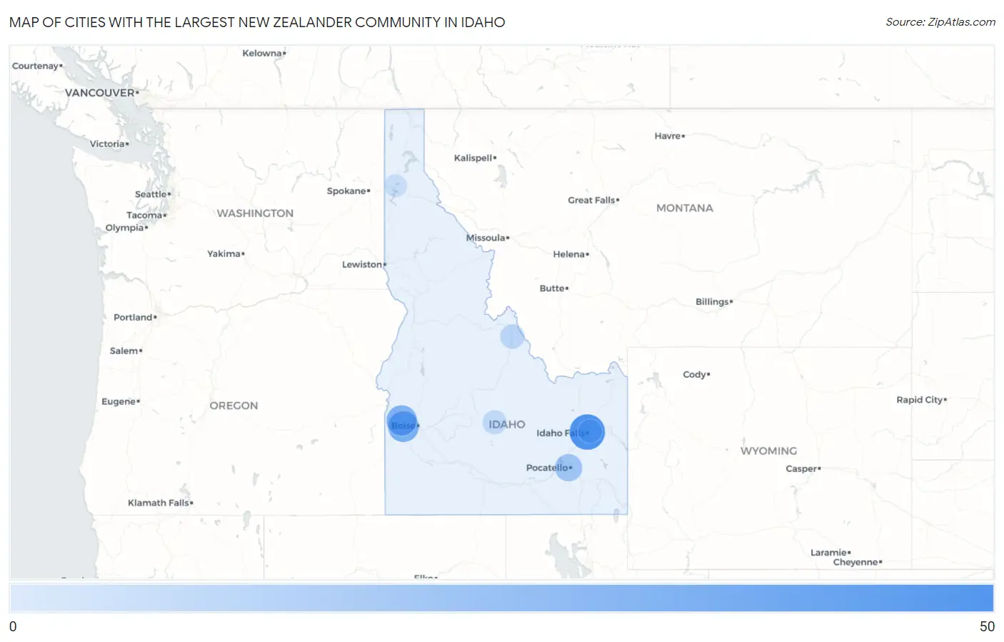 Cities with the Largest New Zealander Community in Idaho Map