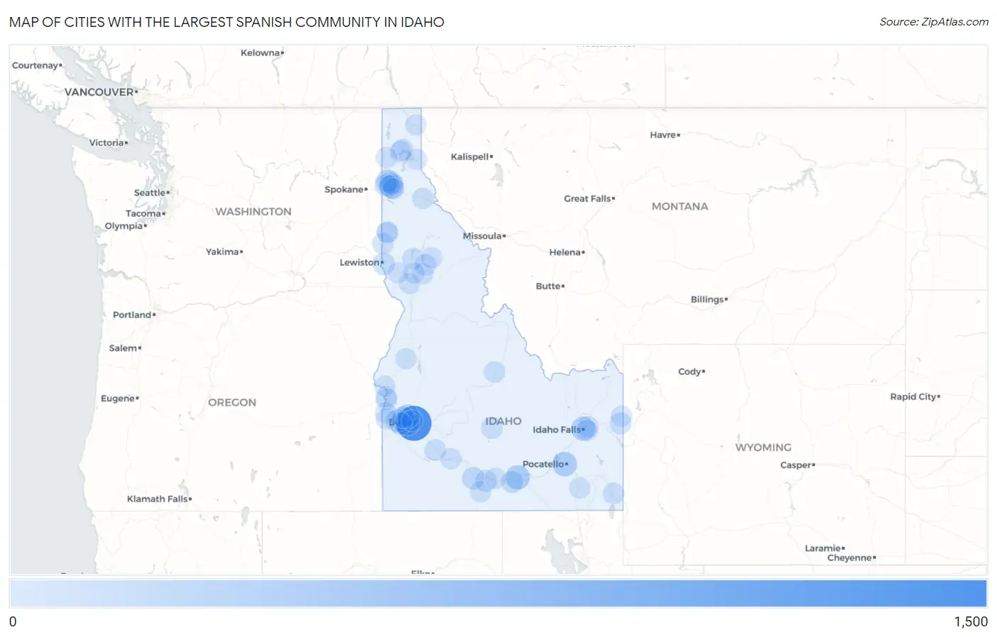 Cities with the Largest Spanish Community in Idaho Map