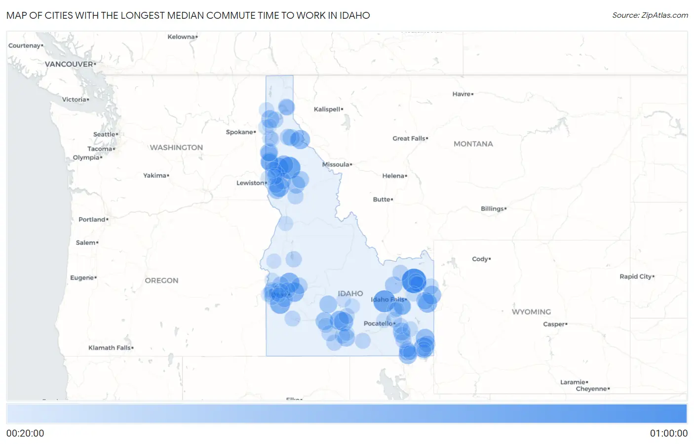Cities with the Longest Median Commute Time to Work in Idaho Map