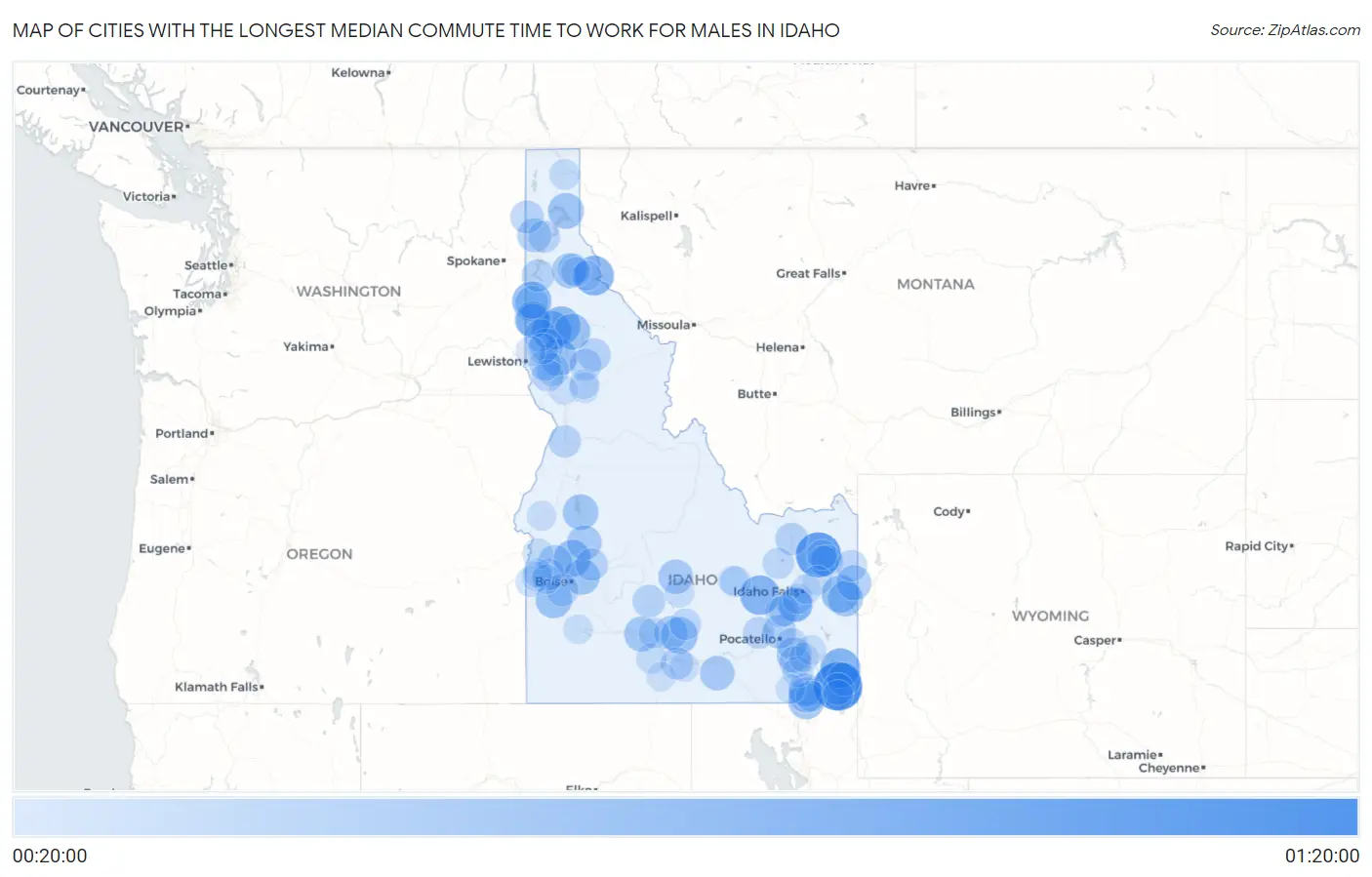 Cities with the Longest Median Commute Time to Work for Males in Idaho Map