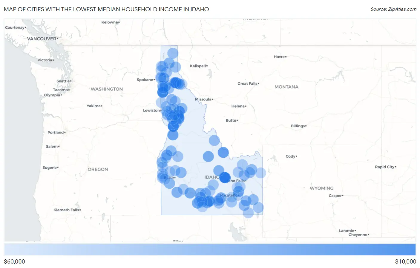 Cities with the Lowest Median Household Income in Idaho Map