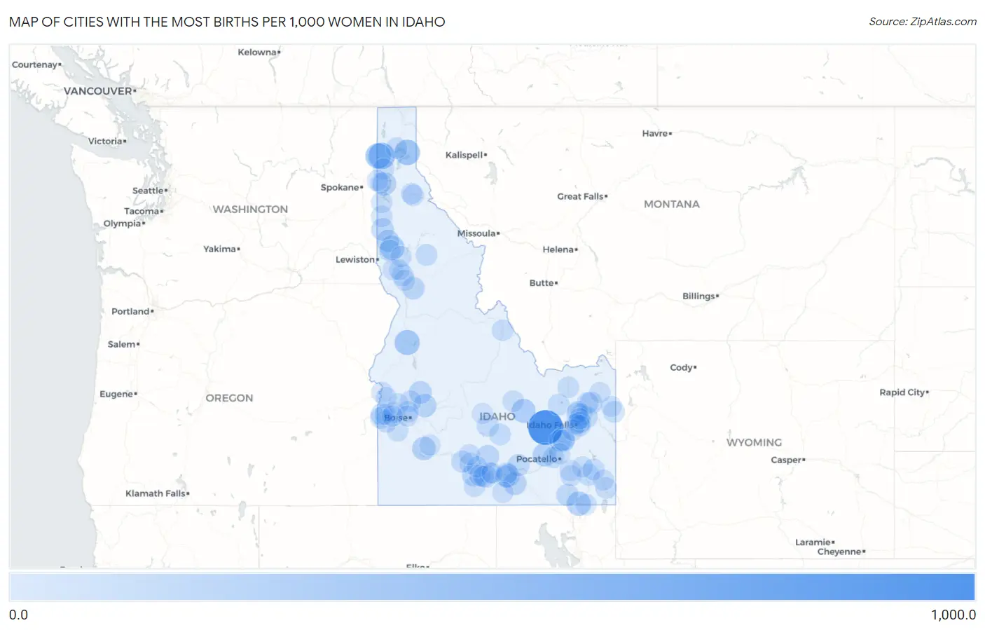 Cities with the Most Births per 1,000 Women in Idaho Map