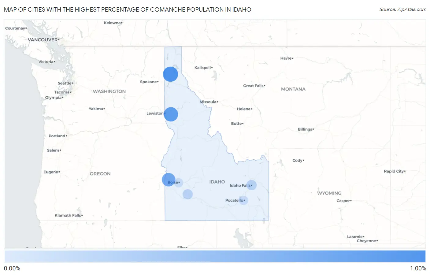 Cities with the Highest Percentage of Comanche Population in Idaho Map