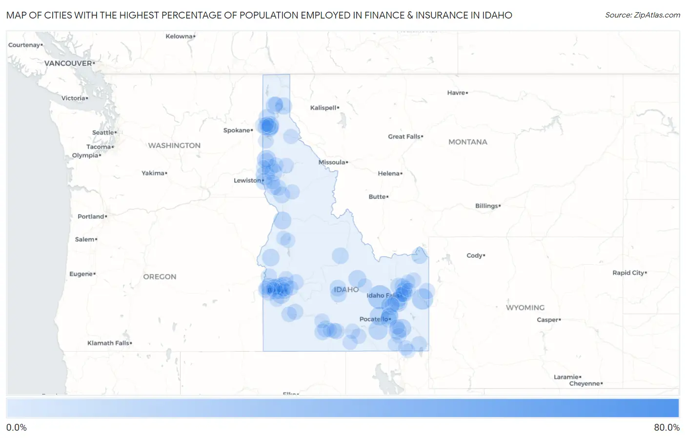 Cities with the Highest Percentage of Population Employed in Finance & Insurance in Idaho Map