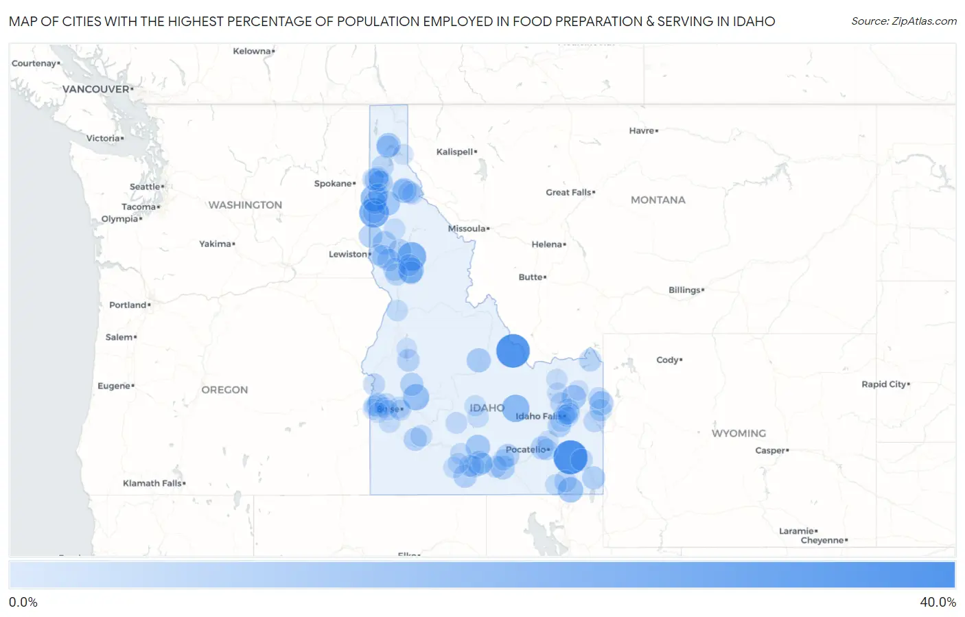 Cities with the Highest Percentage of Population Employed in Food Preparation & Serving in Idaho Map