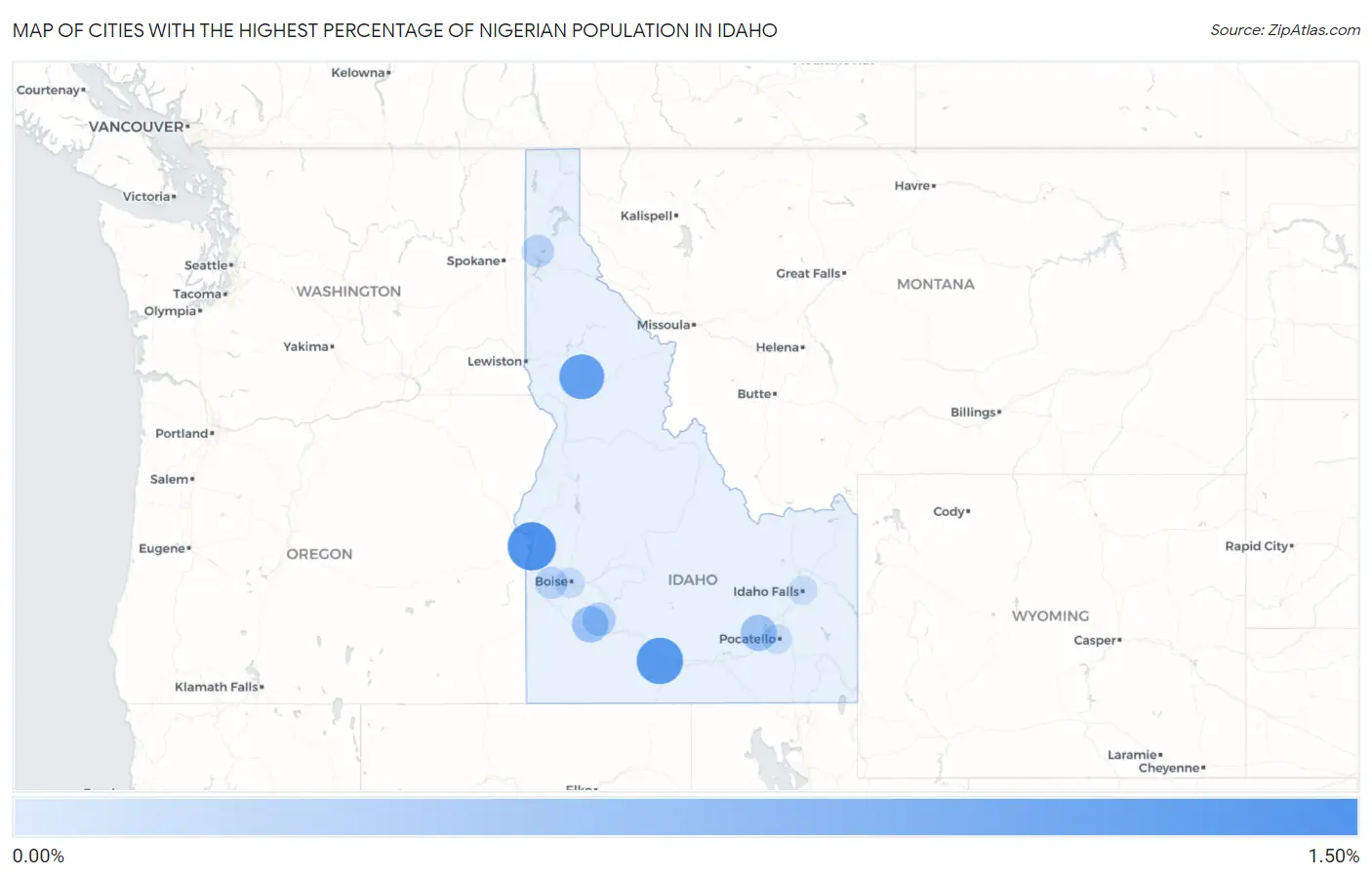 Cities with the Highest Percentage of Nigerian Population in Idaho Map