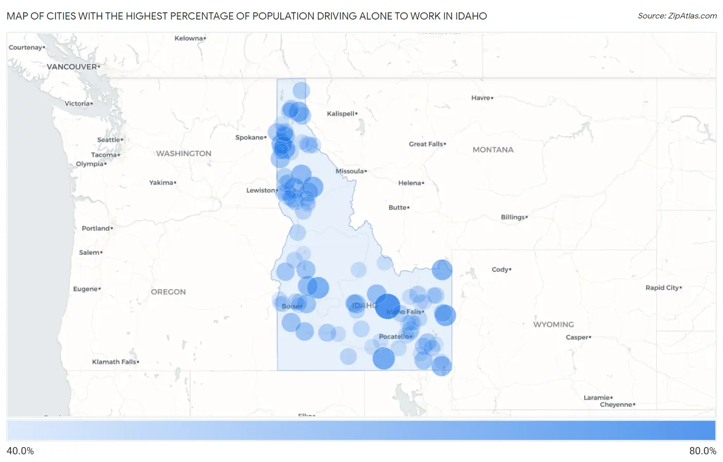 Cities with the Highest Percentage of Population Driving Alone to Work in Idaho Map