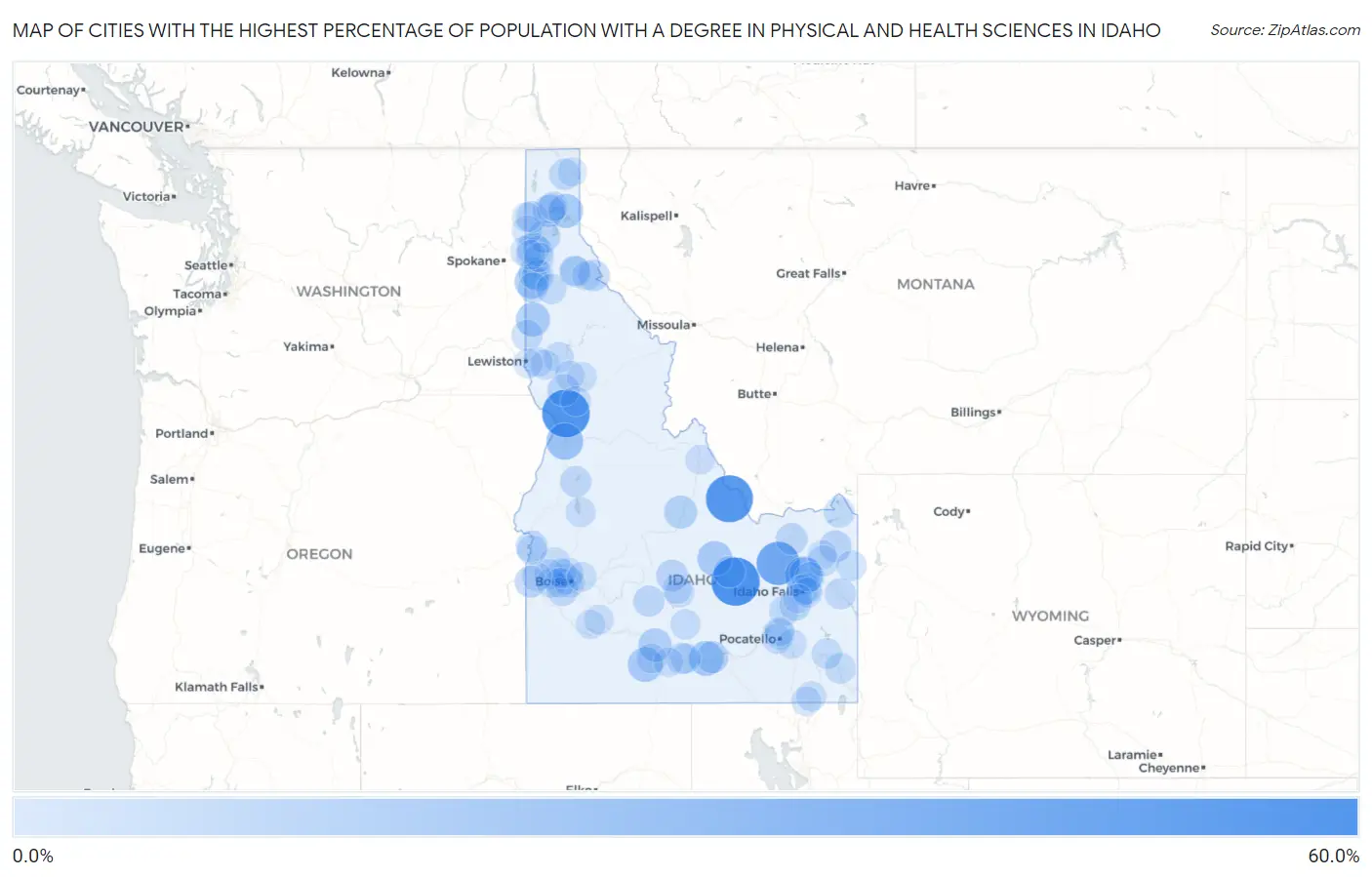 Cities with the Highest Percentage of Population with a Degree in Physical and Health Sciences in Idaho Map