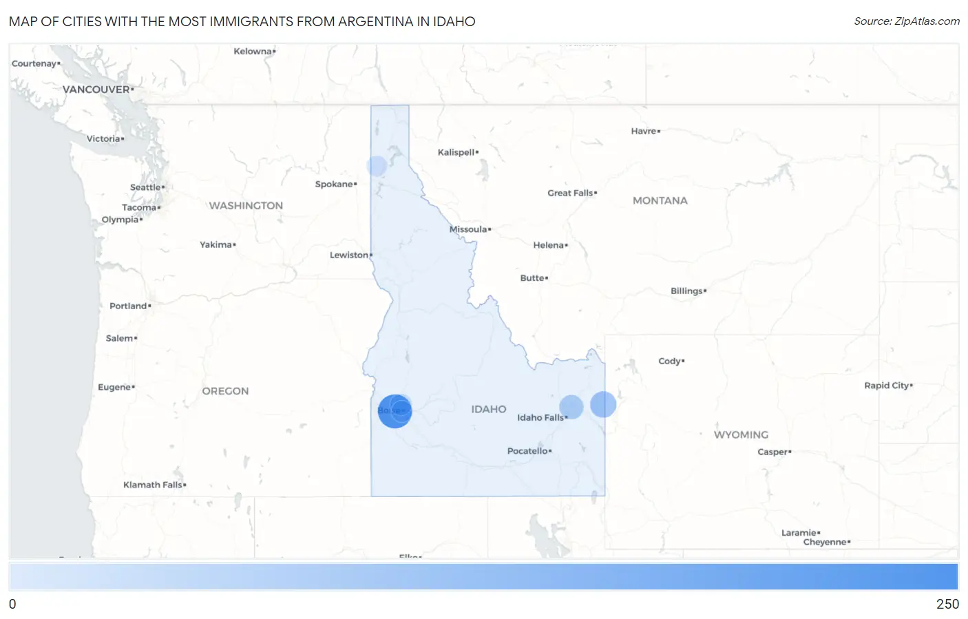Cities with the Most Immigrants from Argentina in Idaho Map